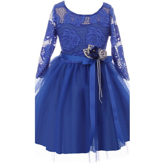 Little Girls Long Sleeve Girls Dress Floral Lace Roses Corsage Easter Flower Girl Dress Royal 4 (J20KS98)