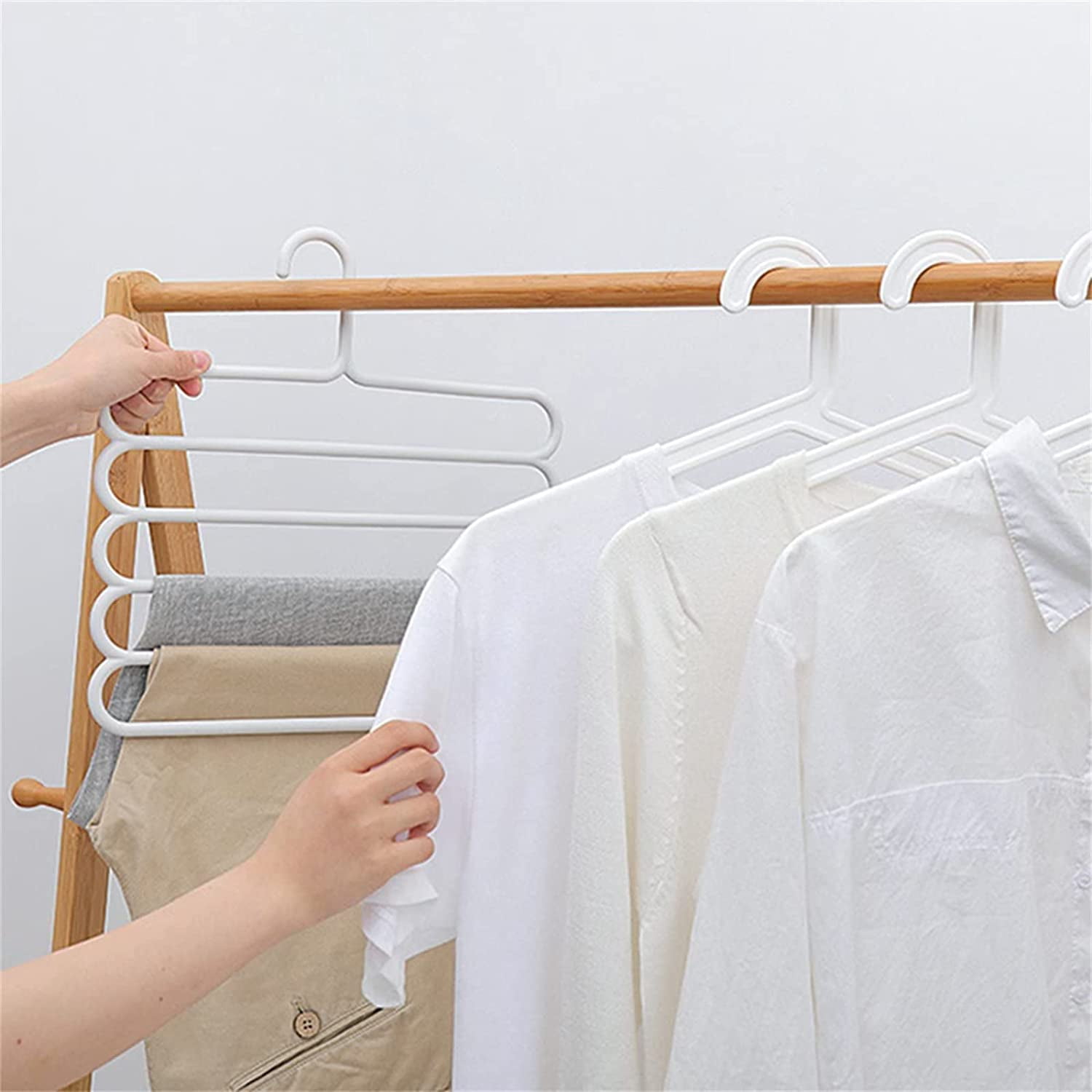 TRIANU 5 Layers Pants Hangers, 6Pcs Space Saving Non-Slip Multi-Functional Closet Pants Organizer Clothes Slack Hangers Trouser Rack Wardrobe Hanger Scarf Rack Silk Tie Hanger, Random Color