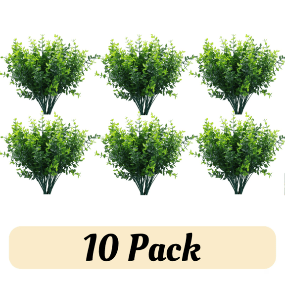 WeiDongzhuo 10 Pack Artificial Boxwood Stems,Outdoors UV Resistant Plastic Faux Plants,Fake Foliage Shrubs Greenery for Garden,Office,Patio,Wedding,Farmhouse Indoor Decoration