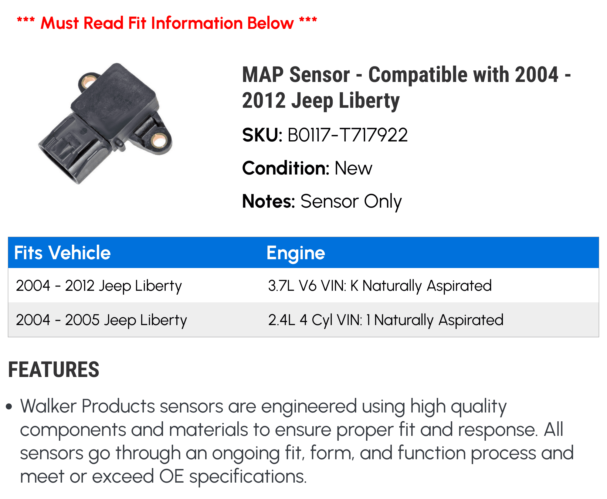 MAP Sensor - Compatible with 2004 - 2012 Jeep Liberty 2005 2006 2007 2008 2009 2010 2011