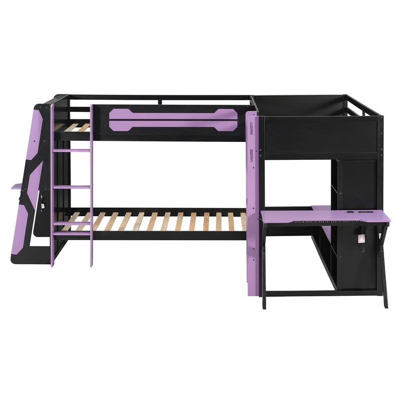 L-Shaped Twin Size Gaming Bunk Bed with RGB LED Lights, 3 Twin Beds, USB Ports, TV Stand & Storage Shelves, Reversible Wooden Bunk Bed Frame for Teens & Adults