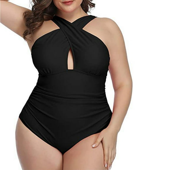 Womens Front Cross Plus Size One Piece Swimsuits Tummy Control Keyhole Bathing Suits Swimwear
