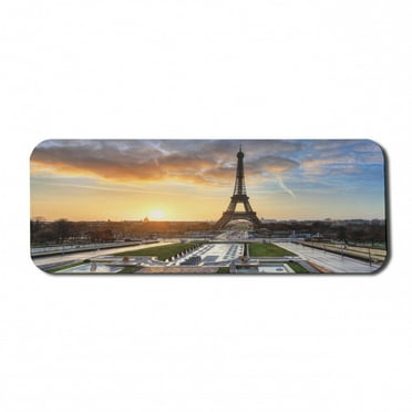 Eiffel Tower Computer Mouse Pad, Sunrise in Paris with the French Holidays Getaways Scenic Print, Rectangle Non-Slip Rubber Mousepad Large, 31" x 12" Gaming Size, Blue Yellow Coconut, by Ambesonne