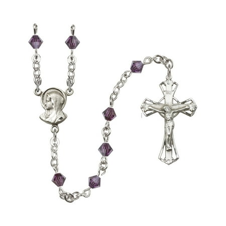 - Sterling Silver Rosary 5mm February Purple Swarovski Rundell-Shaped beads Crucifix sz 1 1/4 x 3/4. Madonna medal charm