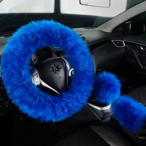 Fuzzy Genuine Sheepskin Steering Wheel Cover Set for Women Parents-Fluffy Soft Australian Merino Wool Wrap with Gear Shift and Hand Brake Covers, Cozy Stylish Luxury Car Accessories (Blue)