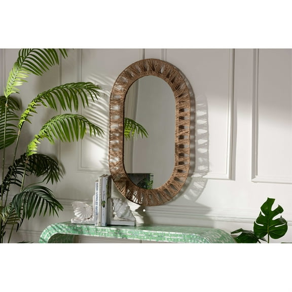 bali & pari Geona Modern Bohemian Metal and Natural Brown Seagrass Accent Wall Mirror