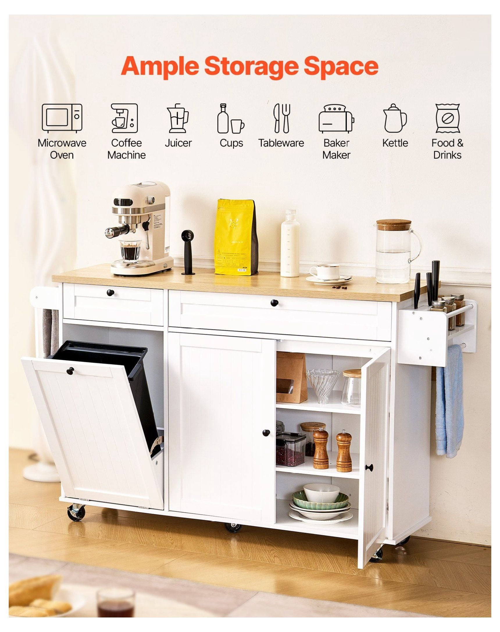 60in Kitchen Island Cart with Drop Leaf, Rolling Storage Cabinet Table with Drawer - Ample Storage & Lockable Wheels - Kitchen, Dining, Coffee Station