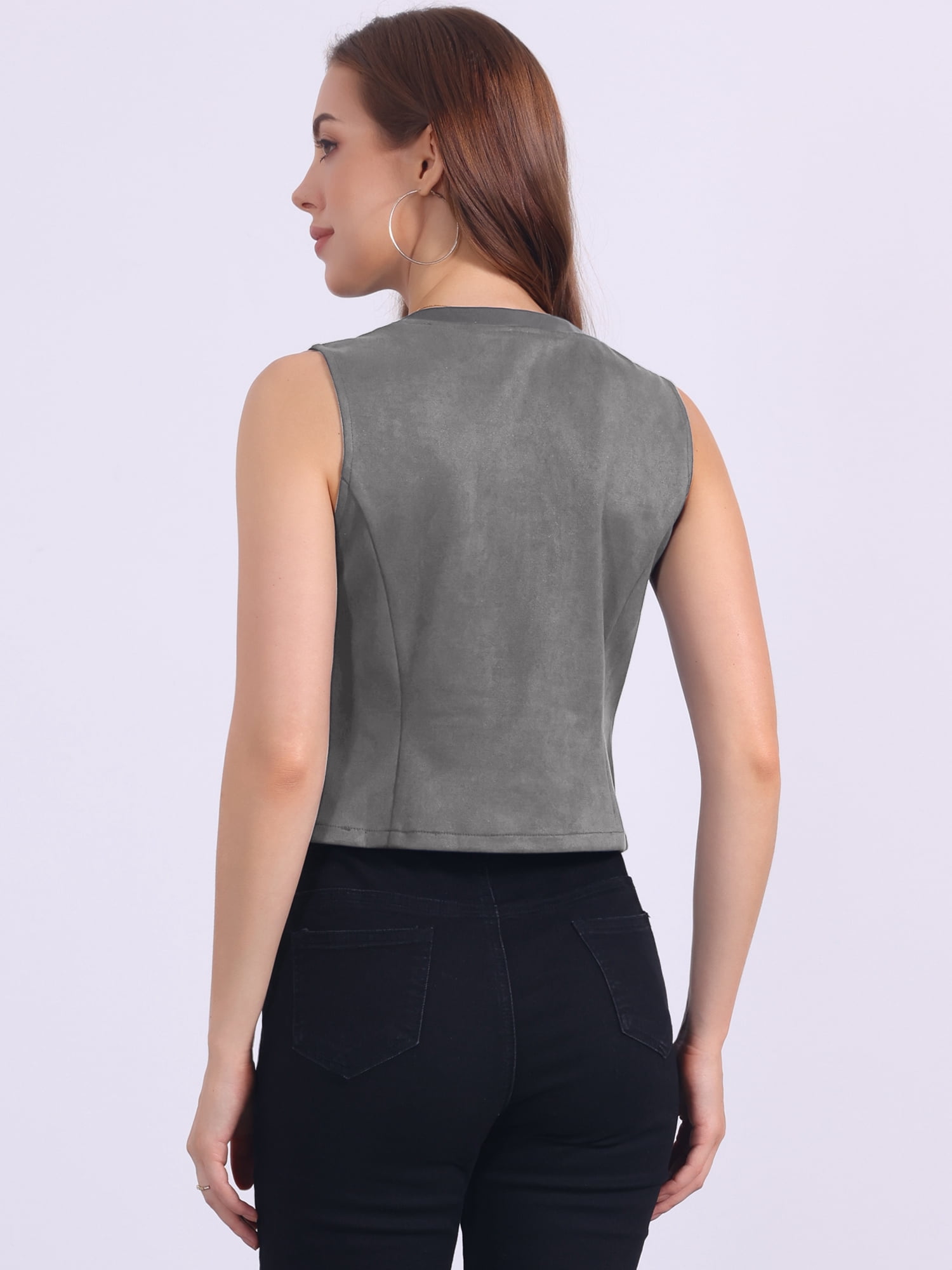 DARING DIVA Women's Vintage V Neck Faux Suede Button Down Sleeveless Jacket Vest S Gray