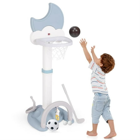 Spaco 4-In-1 Basketball Hoop Electronic Scoreboard Height Adjustable Moon-Shaped Design Indoor/Outdoor Play Set Blue