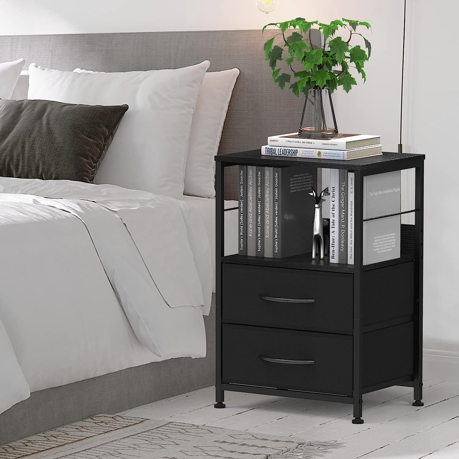 Nightstand for Bedroom End Side Table with 2 Drawers and Open Shelf Wood, Black