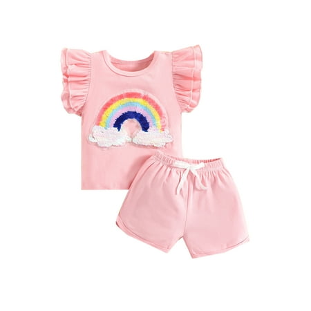 

Calsunbaby Toddler Baby Girls Sequin Rainbow Fly Sleeve T-shirt Solid Shorts with Bow 2pcs Summer Outfits Set Pink 12-18 Months