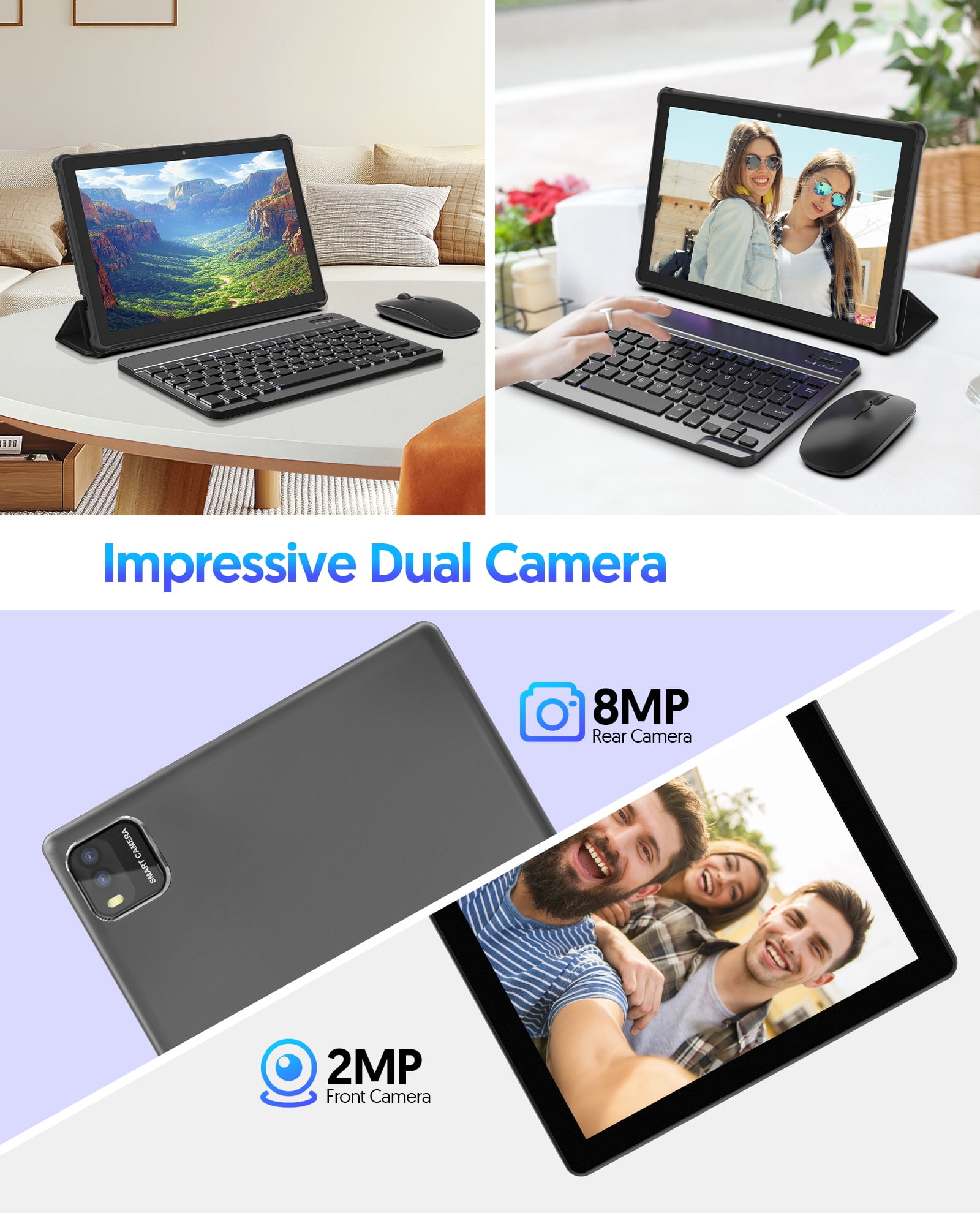 FITIFUN 10.1 inch Android 14 Tablets with Keyboard, 6GB RAM 64GB ROM 1TB Expanded, Quad Core, 6000mAh,5G/2.4G WiFi, HD Display,Gray