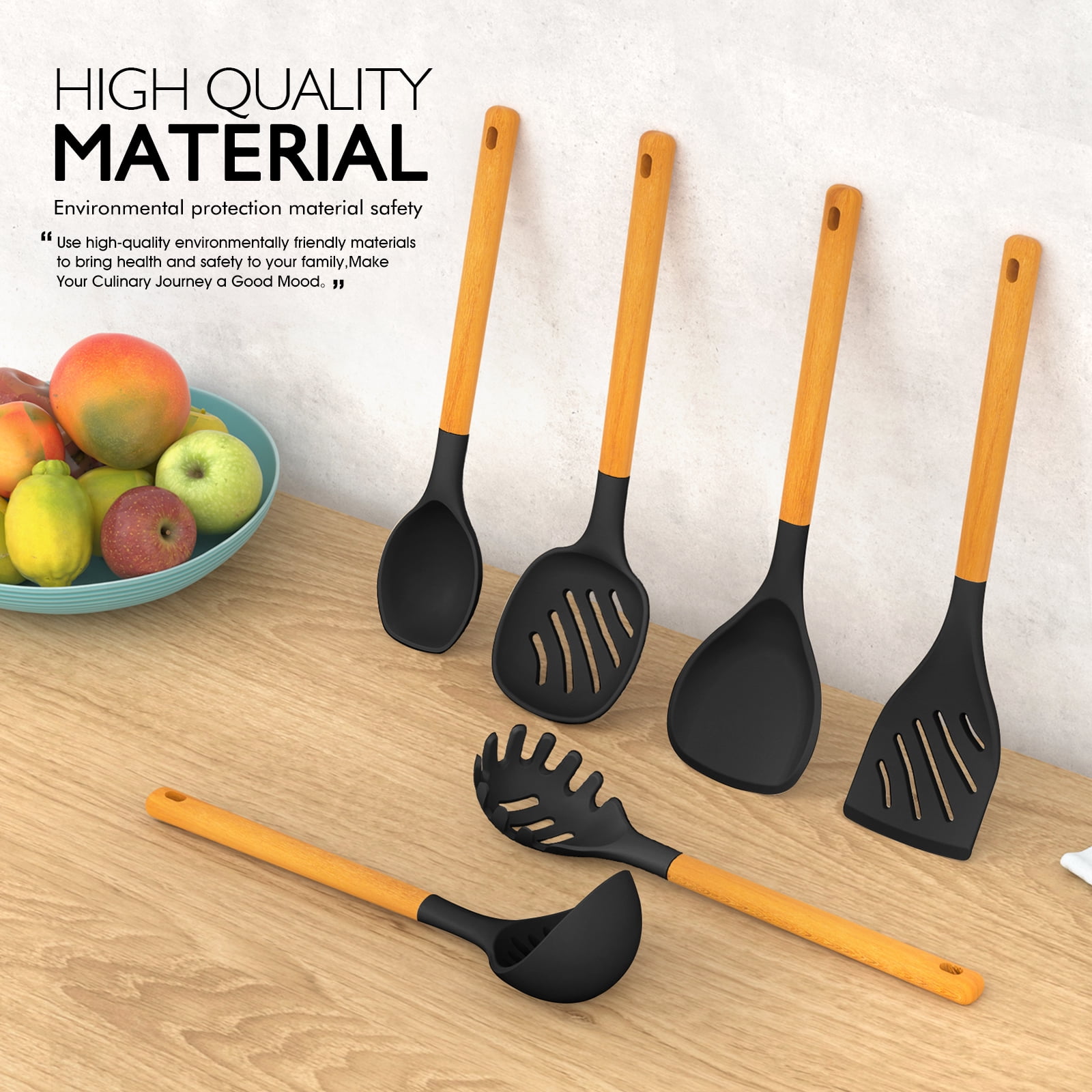 Large Silicone Cooking Utensils Set - Heat Resistant Silicone Utensils for Cooking w Long Wooden Handles, Kitchen Utensil Spatula Set, Kitchen Gadgets for Non-Stick Cookware, BPA Free(Black)
