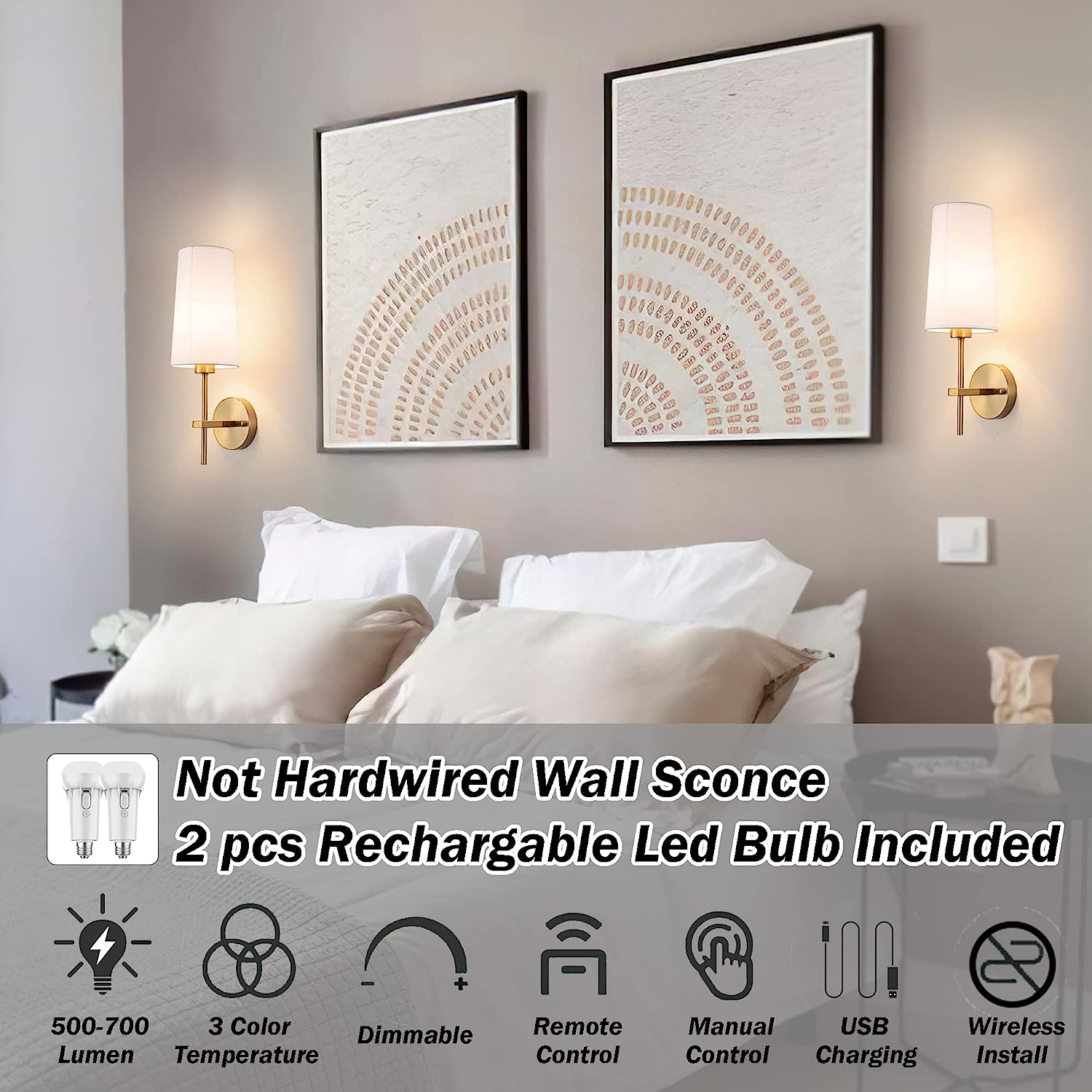 Battery Operated Wall Sconce Set of 2, Wireless Dimmable Battery