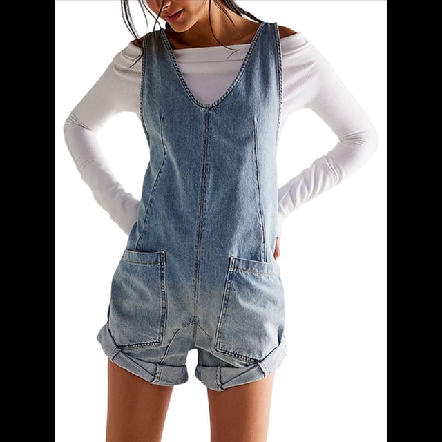 Mono Corto Informal de Verano para Mujer, con Cuello en V, Sin Mangas, Corte Holgado. Azul XL
