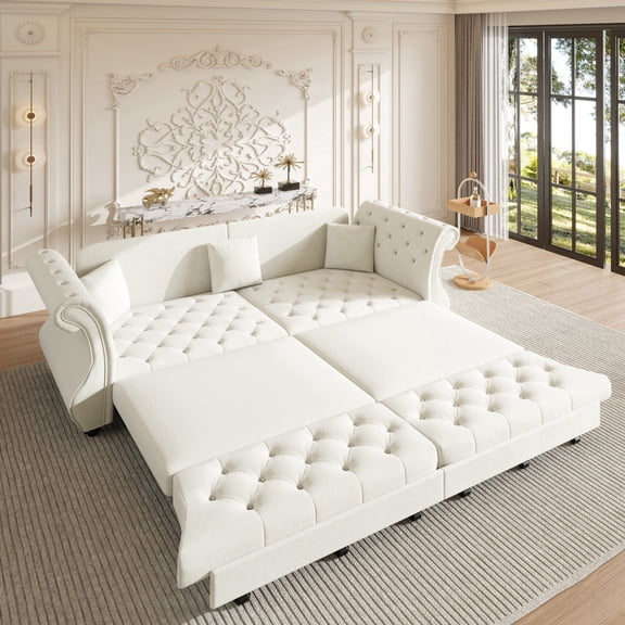 LLappuil 98" Pull Out Sofa Bed King Size, Oversized Chesterfield Velvet Sofa with Flower Tufting, Loveseat Sofa Couch Convertible Sofa Bed for Living Room Beige