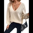thumbnail image 2 of Suéter de Cuello en V con Hombros Descubiertos para Mujer, Camisa Ajustada de Larga, Suéter con Lazo en la Espalda Caqui XL, 2 of 9