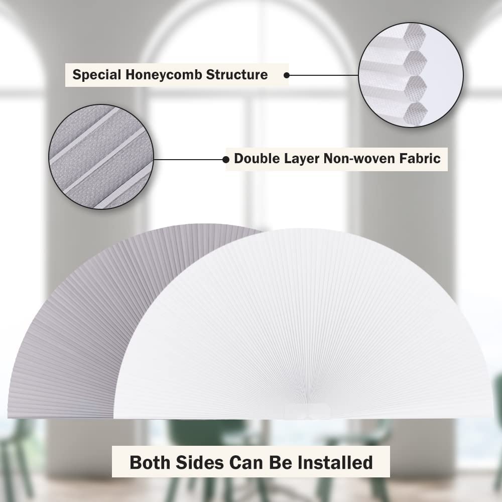 LUCKUP Light Filtering Arch Window Shades Half Circle Honeycomb Curtains Dual Color Semi Circular Cellular Pleated Blinds for Half Moon Round Windows, Easy Cut and Install 36" W x 72" H Grey-White