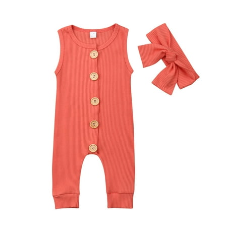 

Newborn Infant Baby Girls Sleeveless Button Romper Bodysuit One Piece Jumpsuit Sleeper Outfit