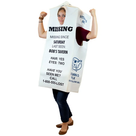 Adult Halloween Costume--Milk Carton for Missing Person in White Polyester - One Size -
