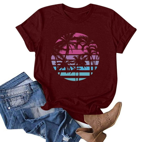 MORESEC Women's Plus Size Vintage Graphic T-Shirt Short Sleeve Loose Fit Casual Beach Tee Summer Vacation Fashion Top, Wine M