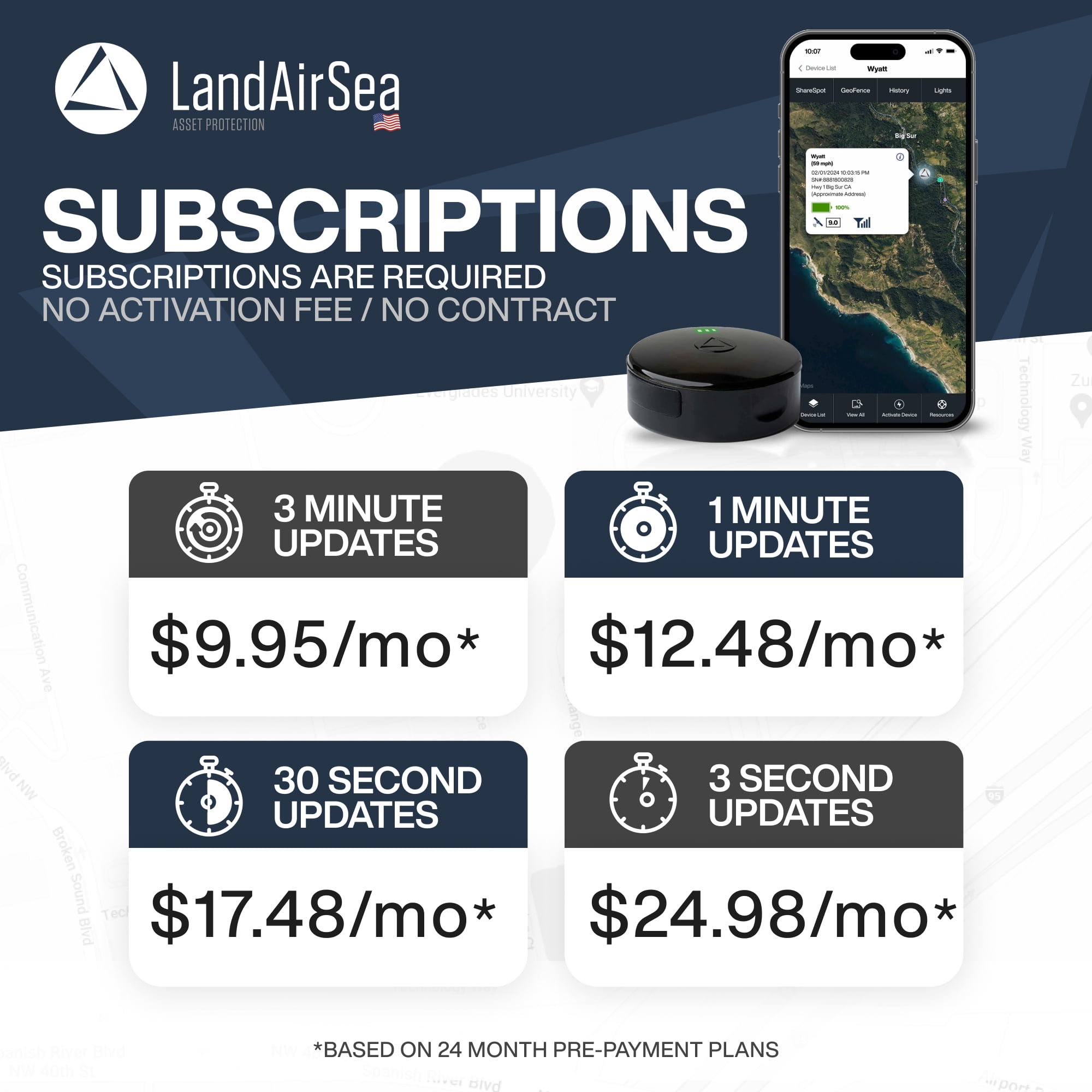 LandAirSea 54 GPS Tracker - Long Battery, Built-in Magnet, & Waterproof. Subscription Required.