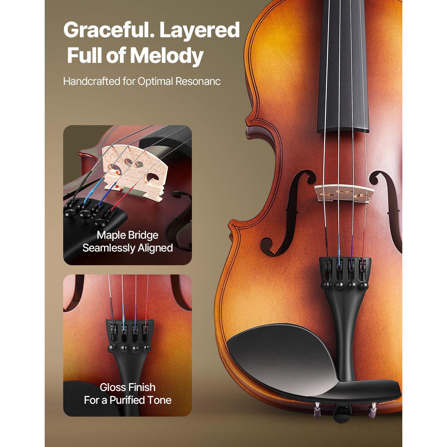 3/4 Size Violin for Adults Beginners Professional Fiddle Set with Hard Case Bow Rosin Shoulder Rest Tuner Bridge Extra Strings Brown