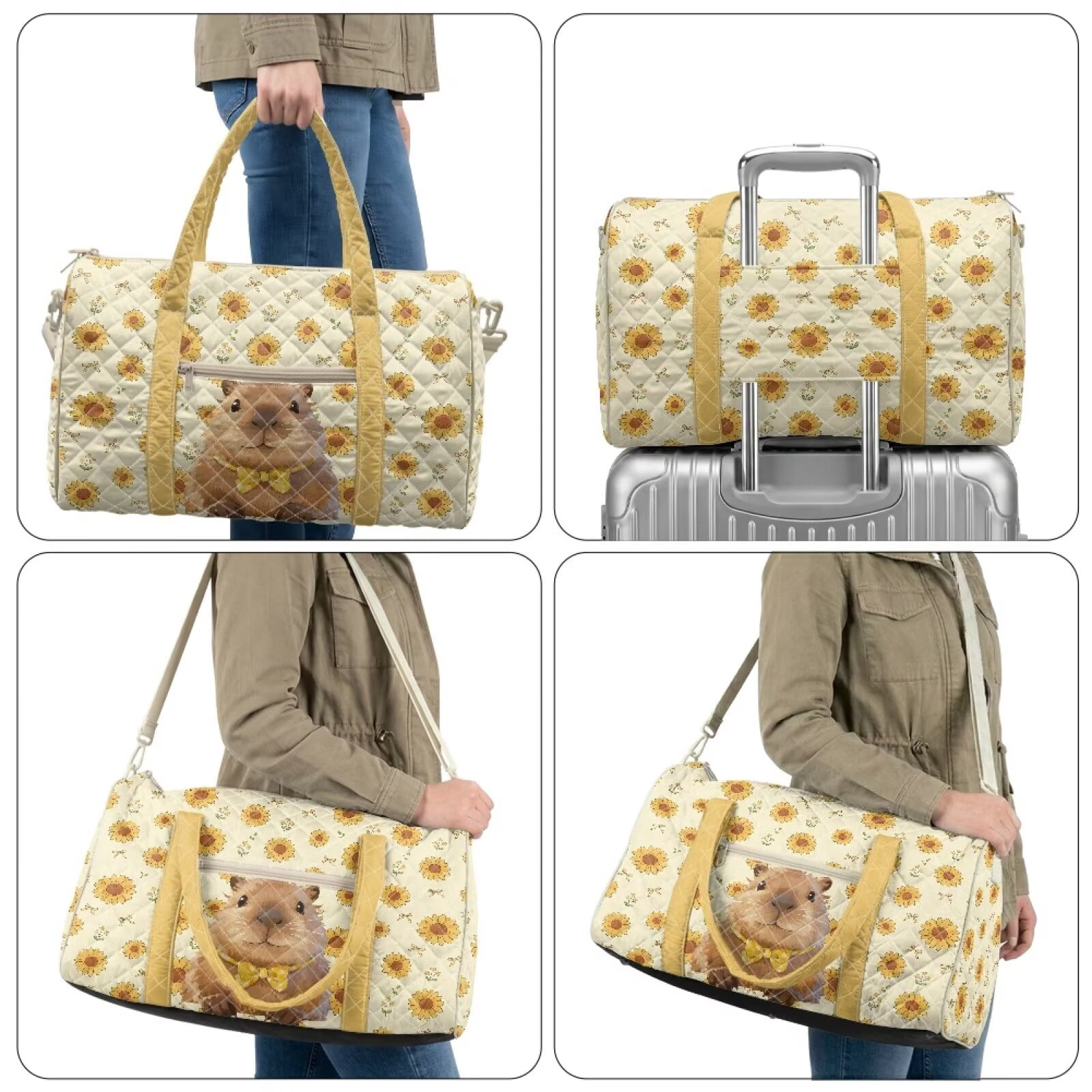 Garronmavis Large Quilted Duffle Bag for Women, Cute Capybara Sunflower Print Weekender Travel Overnight Carry On Gym Dance Tote Bag with Zipper Pockets