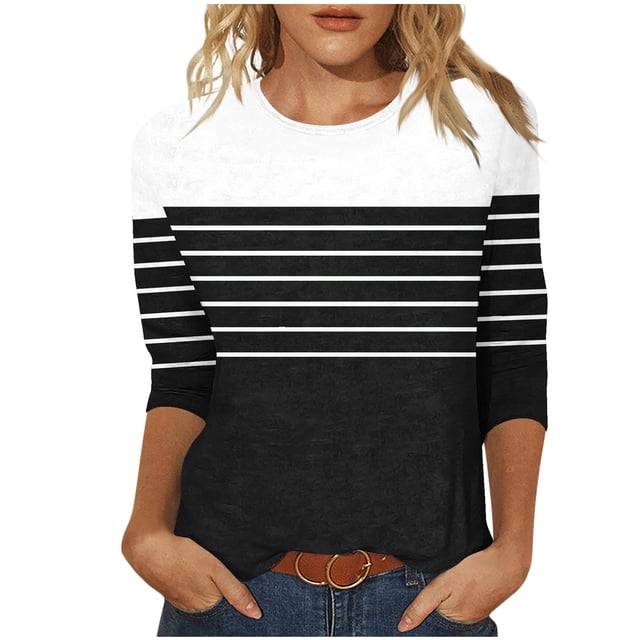 aidice T-Shirts pour Femmes Grande Taille Col Rond Manches 3/4 Coupe Confortable T-Shirts à Rayures à Blocs de Couleur