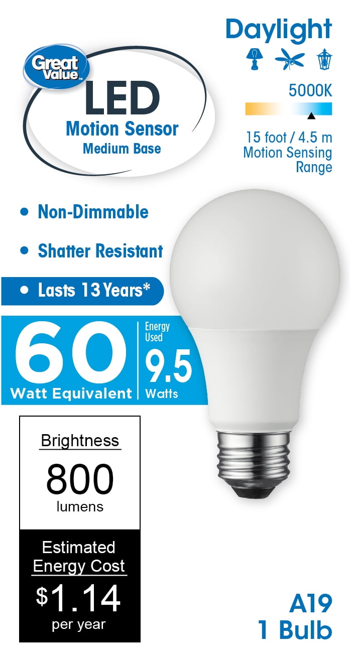 Great Value LED Light Bulb, 9.5W (60W Equivalent) A19 Motion Sensor Lamp E26 Medium Base, Non-dimmable, Daylight, 1-Pack