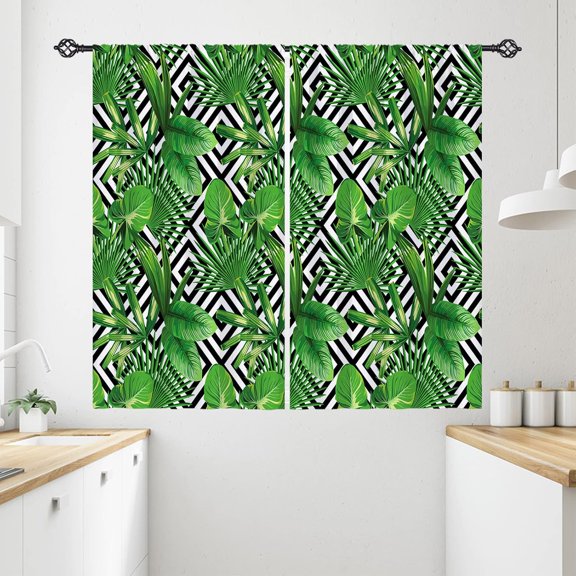 Green Leaf Curtains Rod Pocket Blackout Room Darkening Curtains with Banana Leaf Palm Leaf Lattice Print Pattern Tropical Theme Window Drapes for Kitchen Bedroom Bathroom 2 Panels 26 x 36 Inch