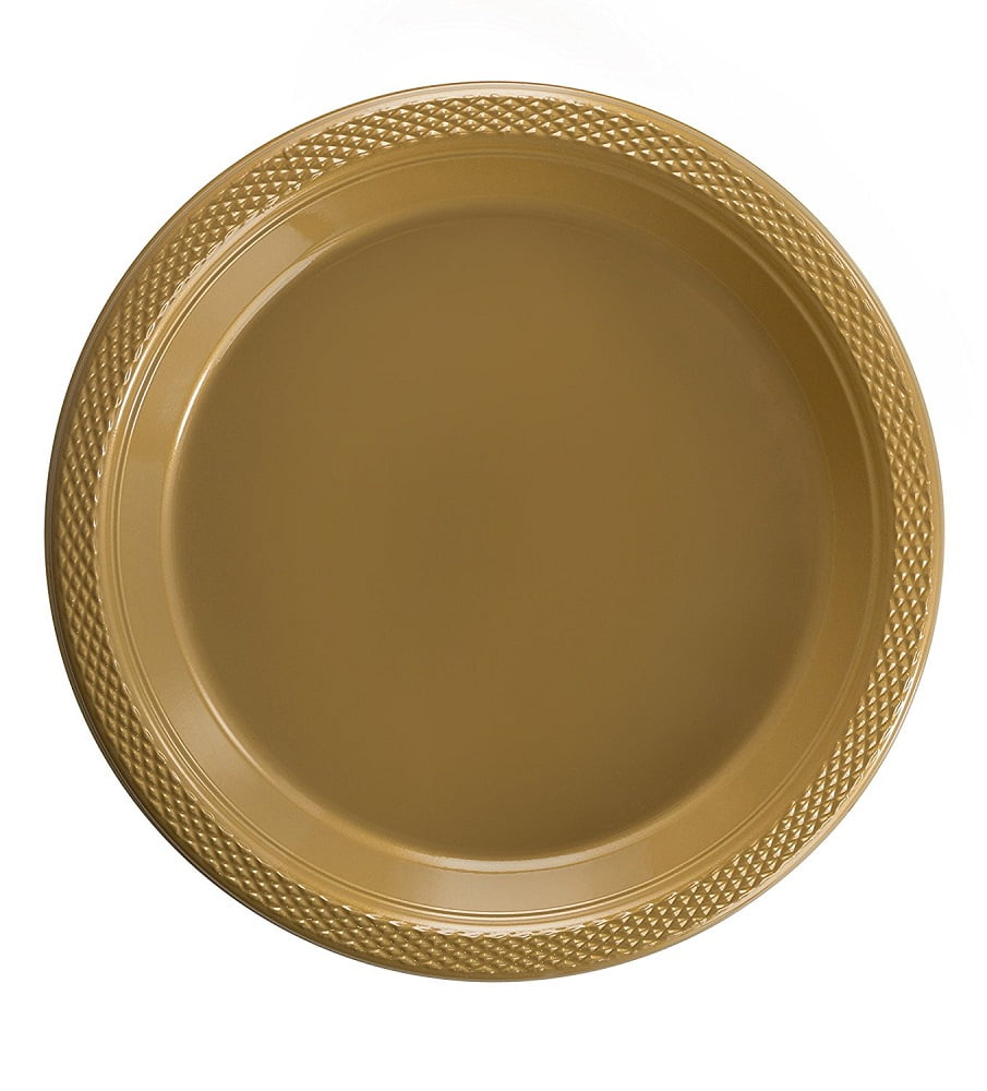 Exquisite 10&quot; Disposable Plastic Plates Bulk - 100 Count Party Pack - Premium Plastic Disposable Lunch &amp; Dinner Plates, Gold
