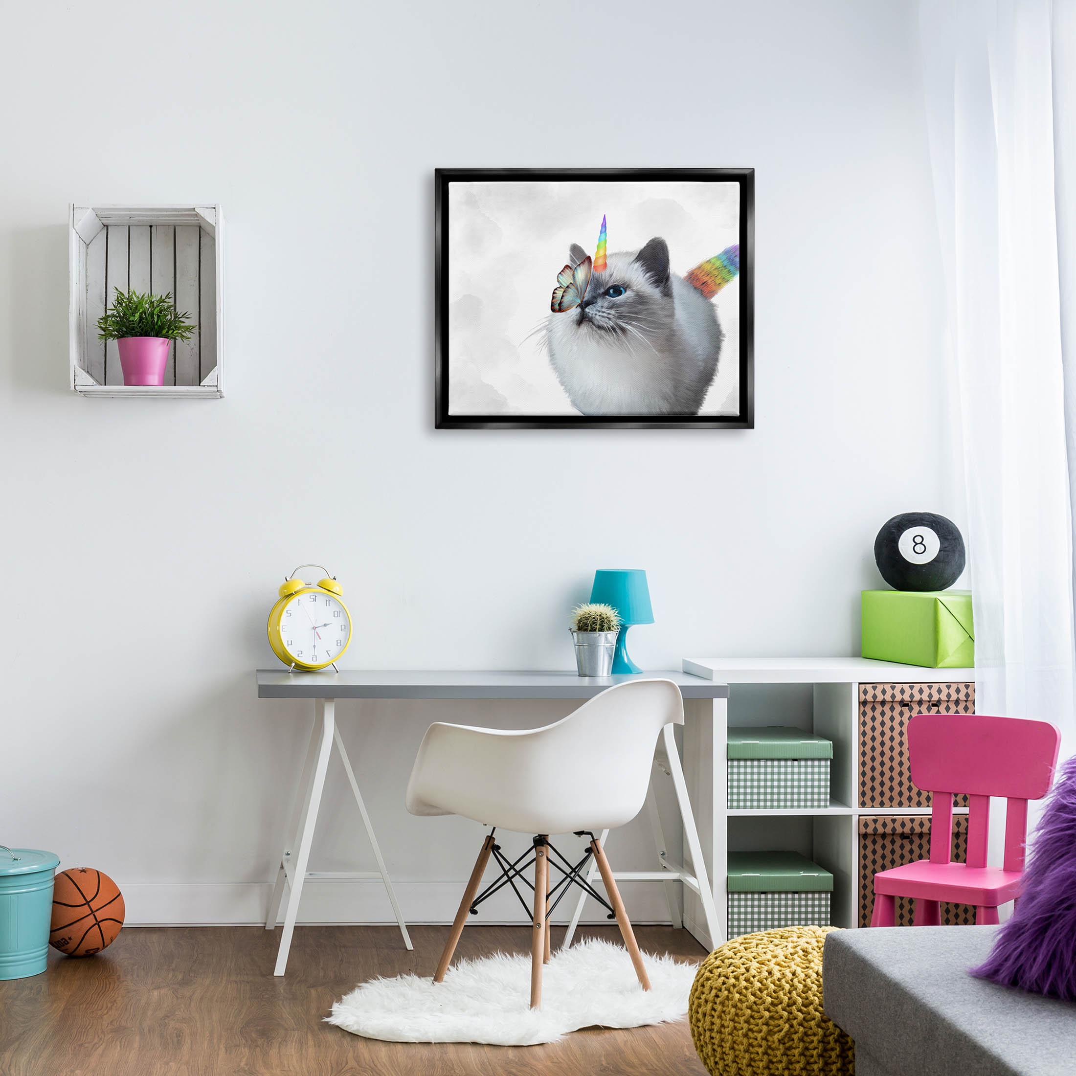 Rainbow Unicorn Kitten Butterfly Animals & Insects Graphic Art Jet Black Framed Art Print Wall Art