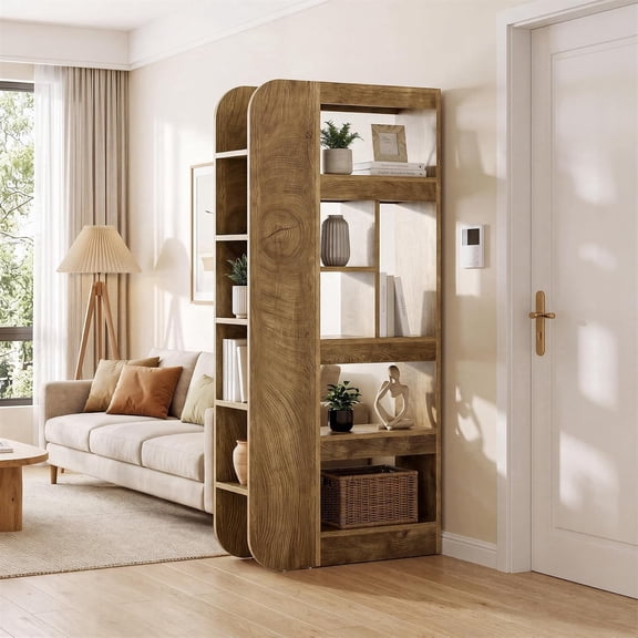 Tribesigns 71" Wooden Tall Room Divider with Open Shelves, Freestanding Room Separator, Wall Partition for Living Room, Bedroom, Brown