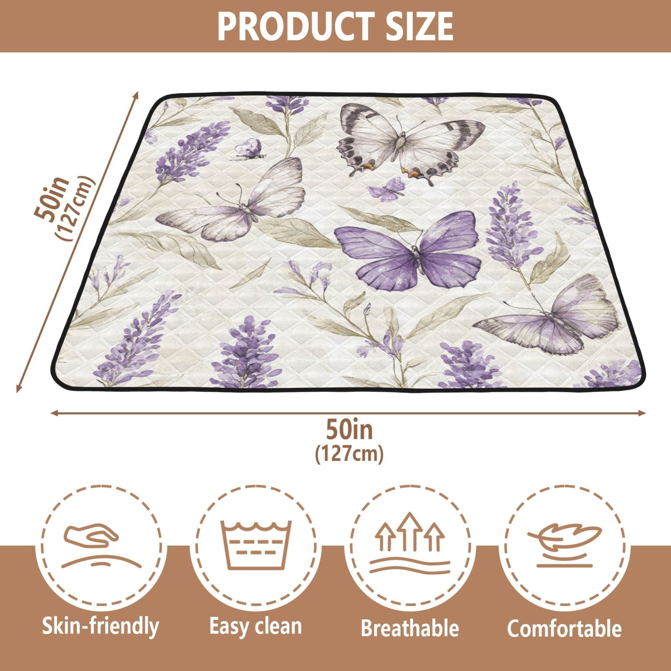 WOBOGO Purple Lavender and Butterfly Baby Playmats Extra Large Waterproof Rollable Activity Pads for Toddlers 50×50inch