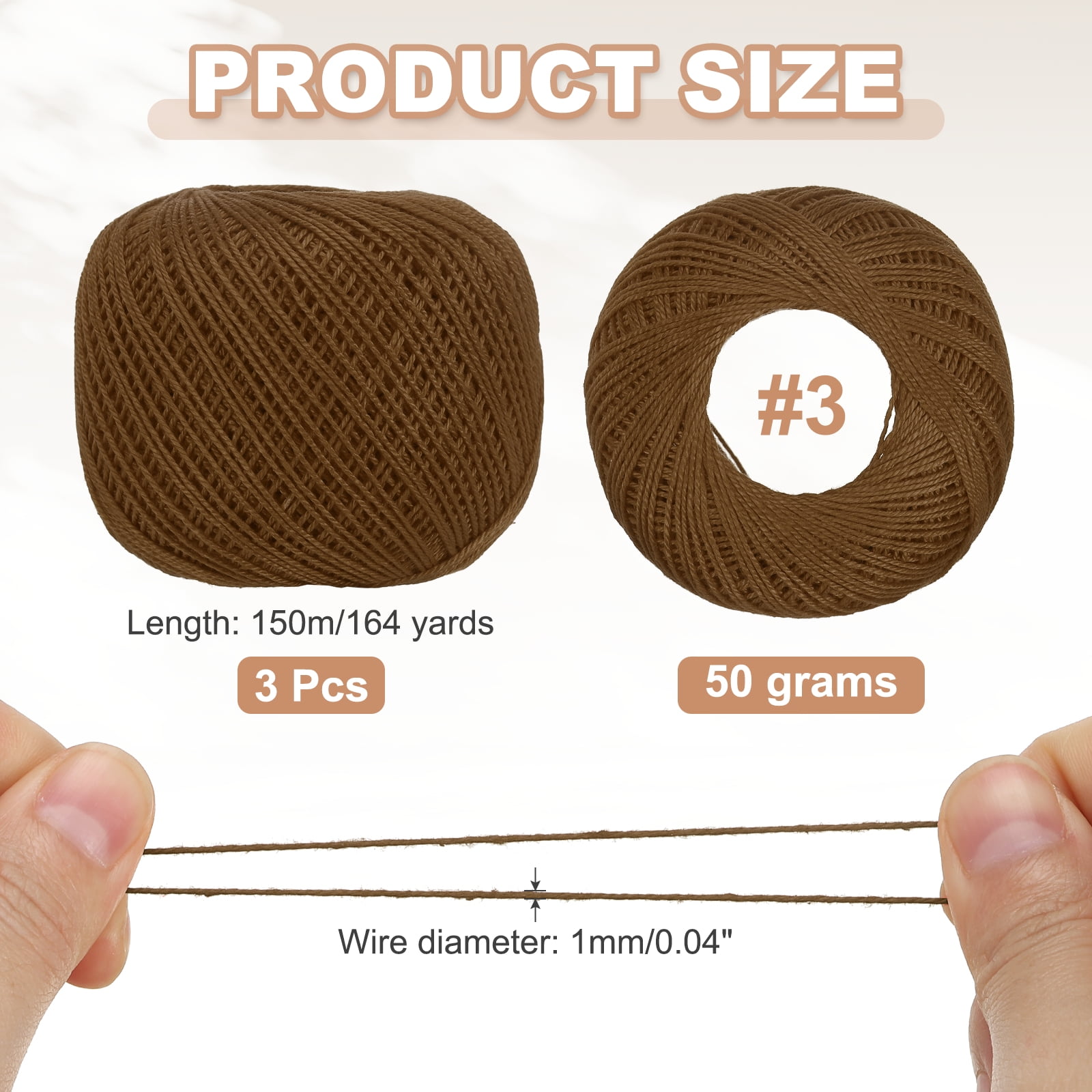 3 Rolls 164 Yards Size 3 Brown Pearl Cotton Crochet Thread Lace Weight Yarn Tatting Thread for Crocheting Knitting Embroidery Sewing