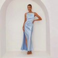 thumbnail image 3 of Olive Green Satin Slip Dress With Side Slit, Ruched Waist, Sleeveless Maxi Evening Gown, 3 of 8