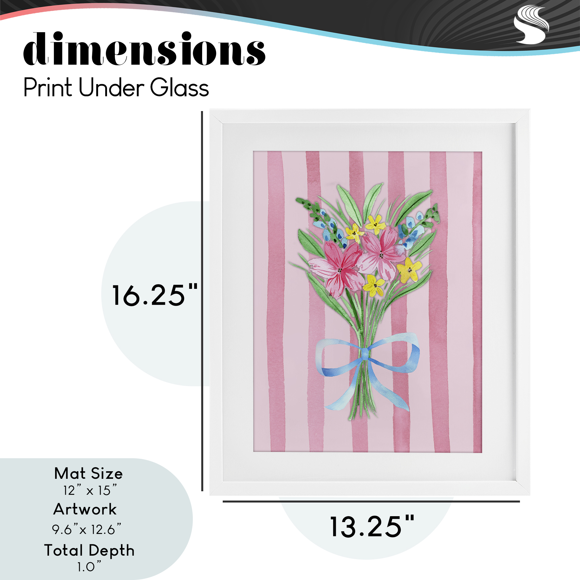 Spring Bouquet & Bow Stripes White Framed Print Under Glass, design by Nina Jacobs