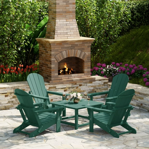 WestinTrends Malibu 5-Piece HDPE Adirondack Chair Outdoor Patio Square Table Conversation Set, Dark Green