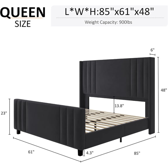 VanAcc King Size Bed Frame, Platform Bed with Velvet Upholstered Headboard & Footboard/Wingback, Mattress Foundation with Wood Slats, Light grey