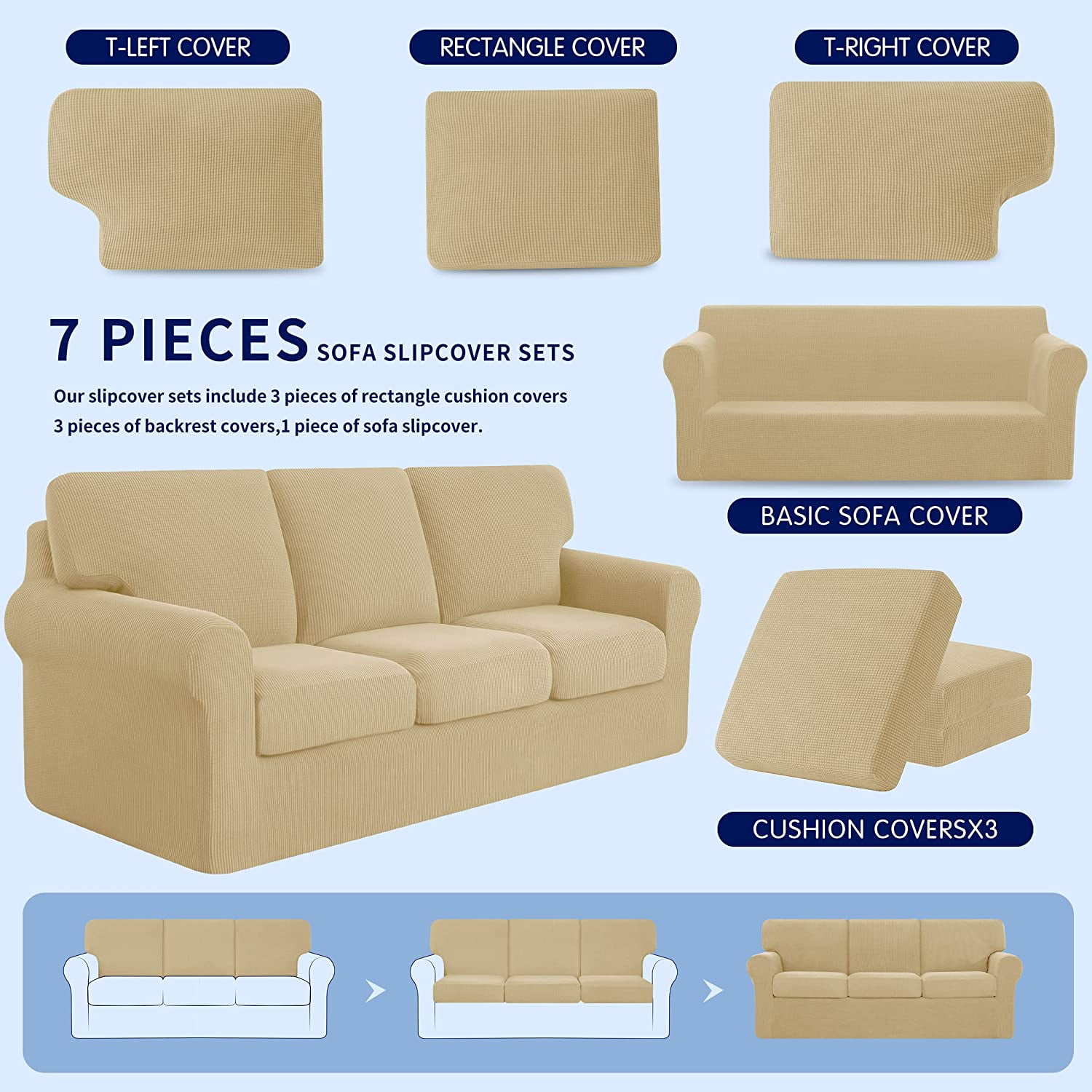 Subrtex Sofa Slipcover Sets 7 Pieces Stretch Couch Cover Backrest Cushion Covers (Sofa, Khaki)