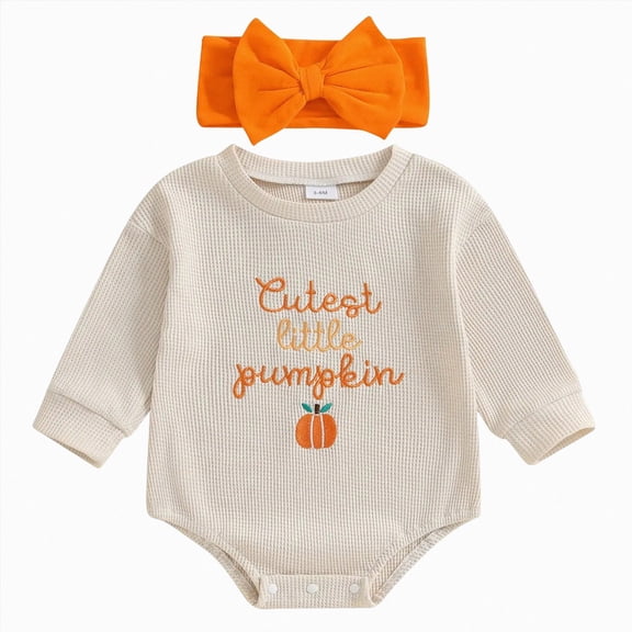 Staki Halloween Newborn Baby Girl Outfit Pumpkin Sweatshirt Romper Long Sleeve Onesie Jumpsuit Infant Fall Winter Clothes 0-18M(Beige,12-18 Months)