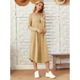 thumbnail image 6 of Women'S Loose Casual Round Neck Long Sleeve Dress Midi Slant Pocket Curved Hem Dress Khaki S, 6 of 9