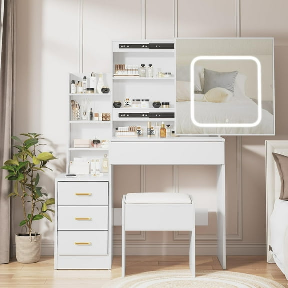 Vanity Desk with Sliding Mirror & Lights, Makeup Vanity Set with Charging Station 4 Drawers 7 Shelves, Large Vanity Set with Cushioned Stool for Bedroom, White