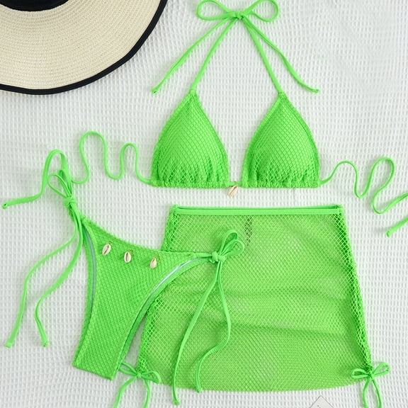 3 Piece Bikini Sets for Women Mesh Fishnet Triangle Halter Top with Tie Side Briefs and Mini Skirt Cover Up Set High Cut Charming Bathing Suits