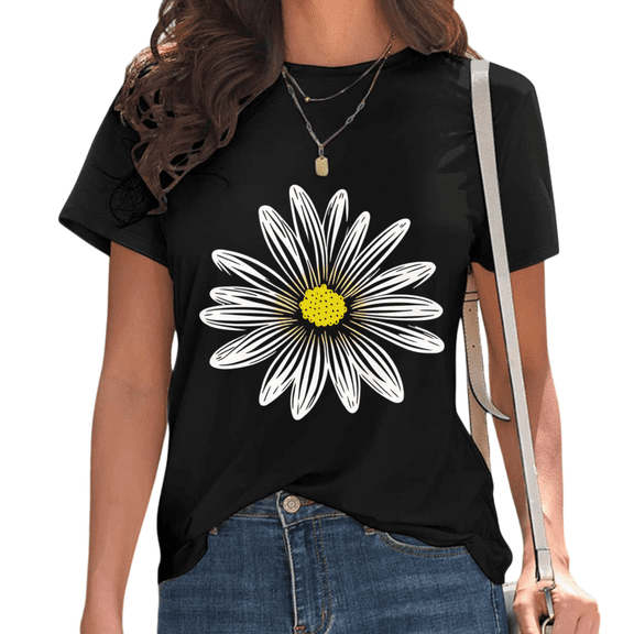 UNISHE Women's White Daisy Floral Sketch Casual Crew Neck Short Sleeve T-Shirt Top