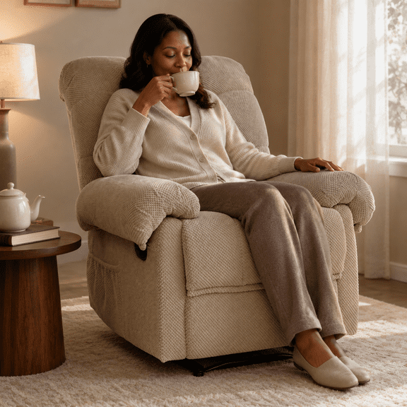 UHOMEPRO Recliner Chair for Adults, Manual Recliner with Side Lever and Padded Footrest, Overstuffed Fabric Armchair with Side Pockets for Living Room, Reading and Small Spaces, Camel
