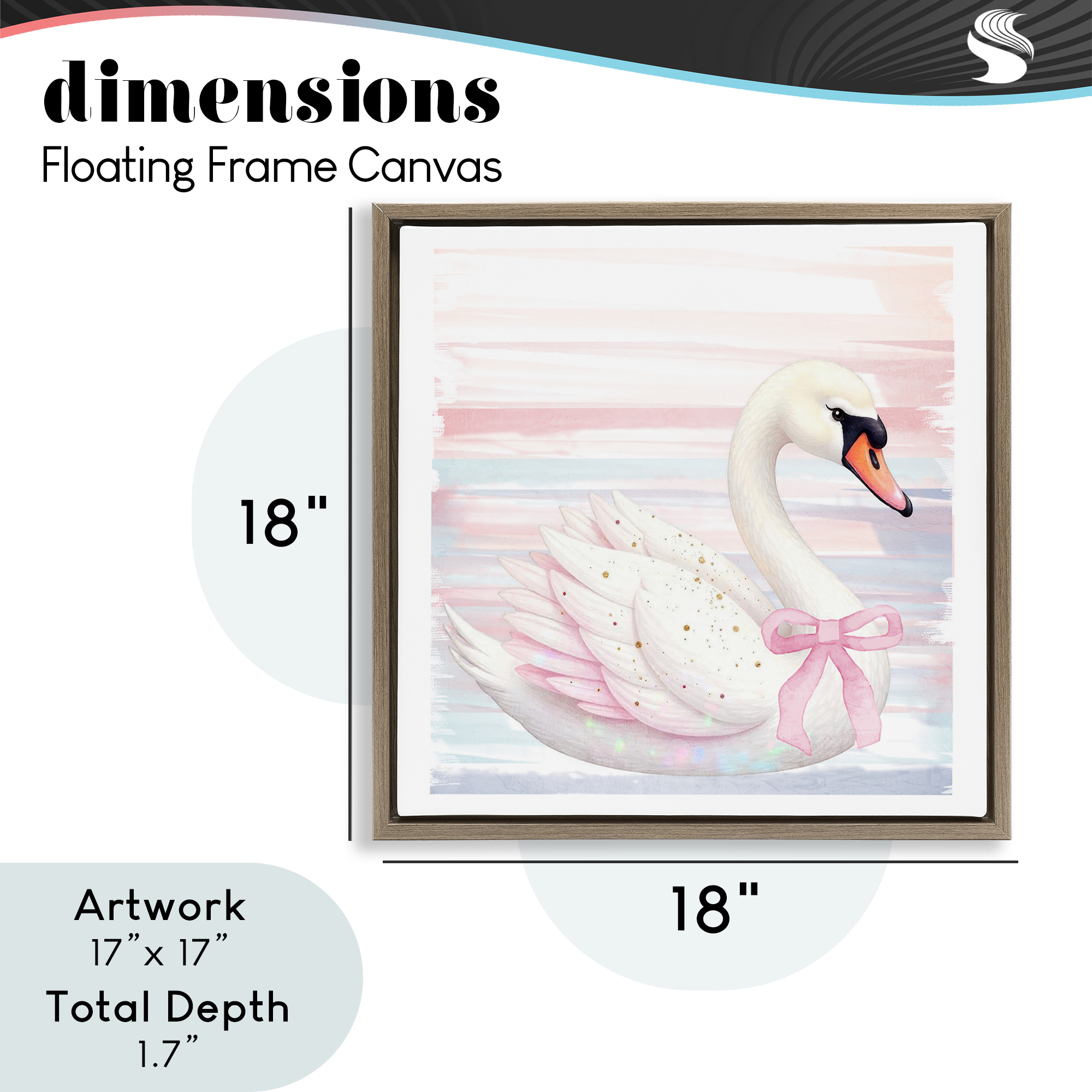 Pink Swan with Ribbon Brown Framed Floater Canvas Wall Art, design by Kim Allen