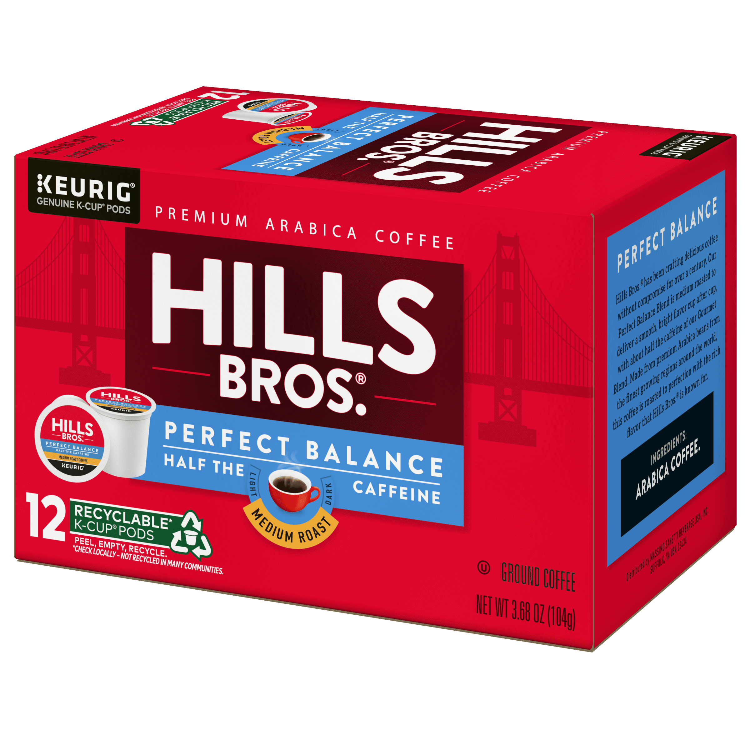 Hills Bros. Perfect Balance Half-Caffeine 100% Arabica Medium Roast , K-Cup® Coffee Pods, 12-Count Box