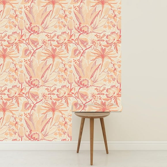 17.7In*118.1In Pink Peach 70S Vintage Plant Seamless Pattern Background. Pe